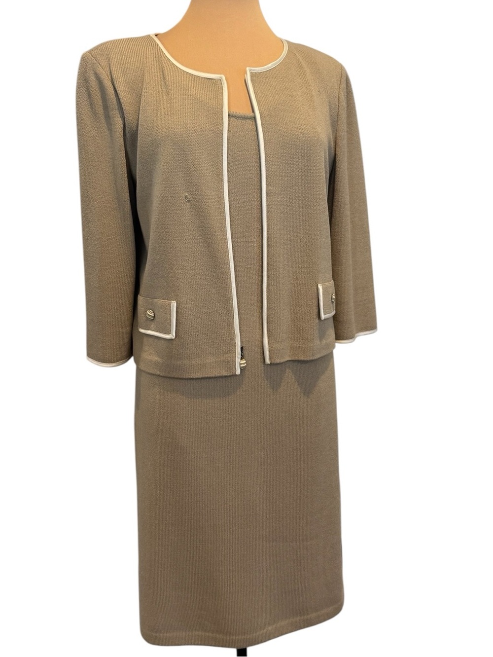 St. John tan ivory knit suit jacket midi sleeveless sweater dress flaw size 12